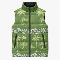 Olive Green Hawaii Palm Tree Hibiscus Sleeveless Puffer Jacket Fantasy Summer Vibe