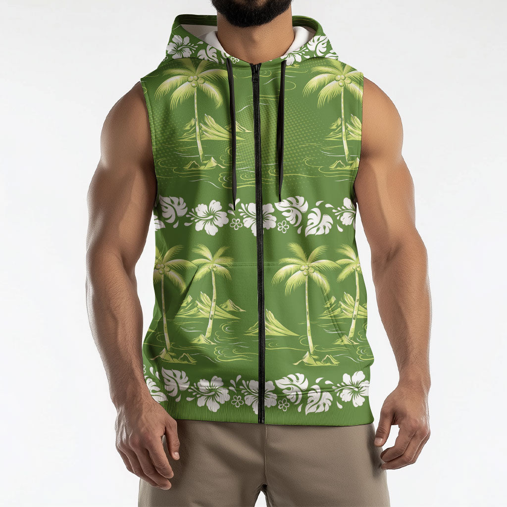 Olive Green Hawaii Palm Tree Hibiscus Sleeveless Zip Hoodie Fantasy Summer Vibe