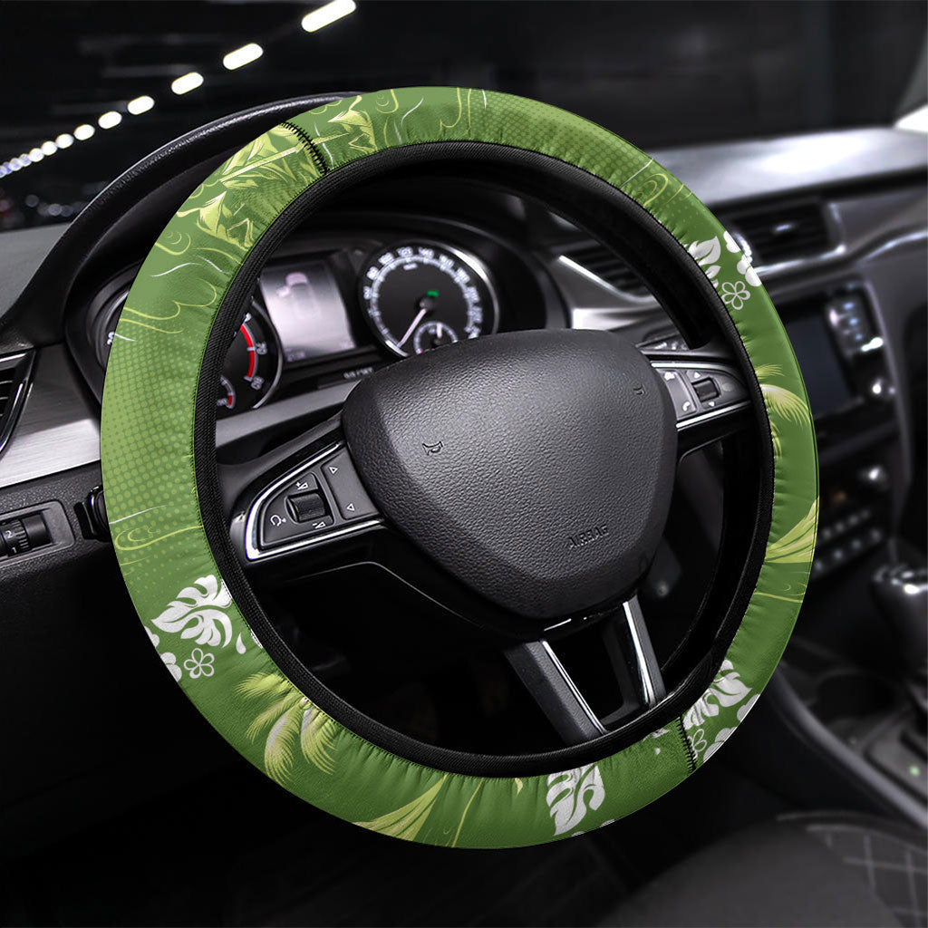 Olive Green Hawaii Palm Tree Hibiscus Steering Wheel Cover Fantasy Summer Vibe