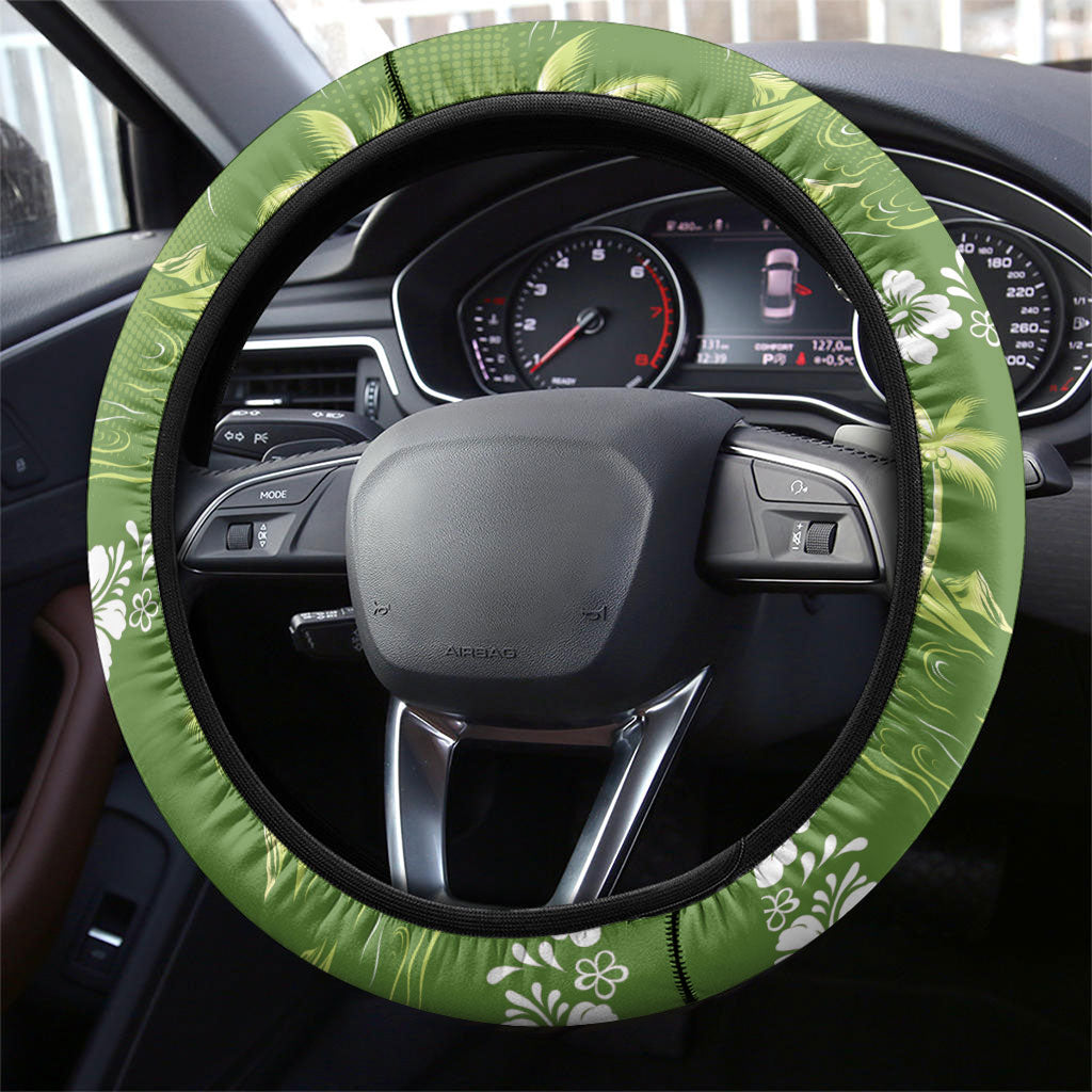Olive Green Hawaii Palm Tree Hibiscus Steering Wheel Cover Fantasy Summer Vibe