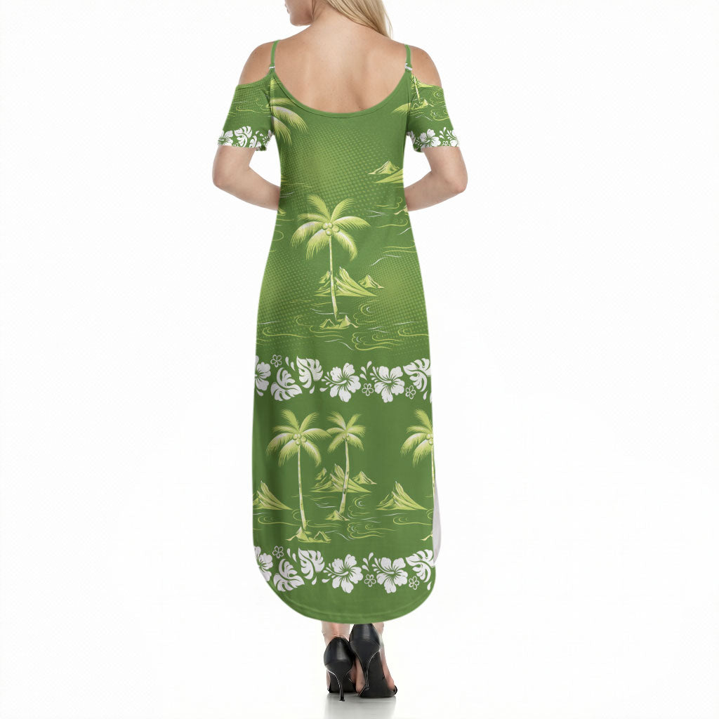 Olive Green Hawaii Palm Tree Hibiscus Summer Maxi Dress Fantasy Summer Vibe