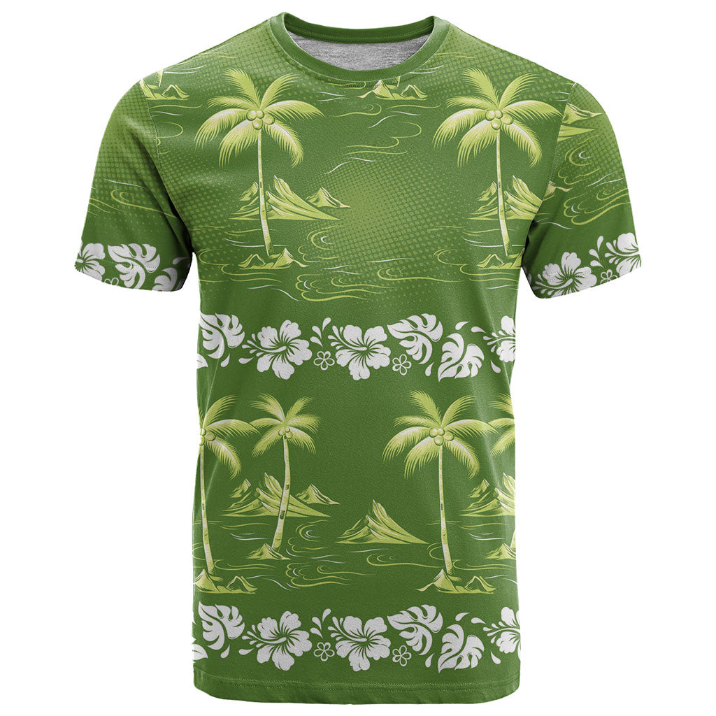 Olive Green Hawaii Palm Tree Hibiscus T Shirt Fantasy Summer Vibe
