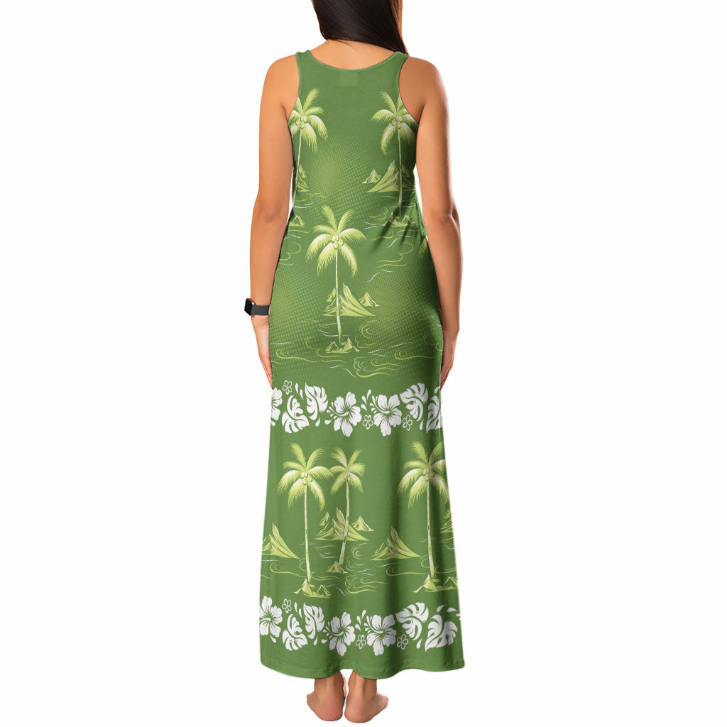 Olive Green Hawaii Palm Tree Hibiscus Tank Maxi Dress Fantasy Summer Vibe