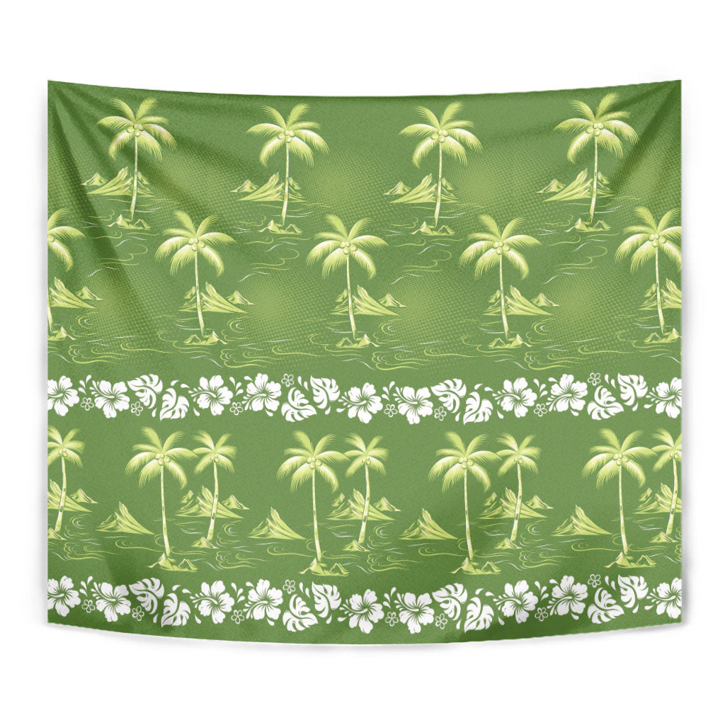 Olive Green Hawaii Palm Tree Hibiscus Tapestry Fantasy Summer Vibe