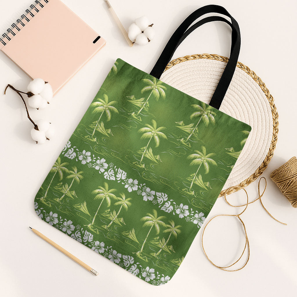 Olive Green Hawaii Palm Tree Hibiscus Tote Bag Fantasy Summer Vibe