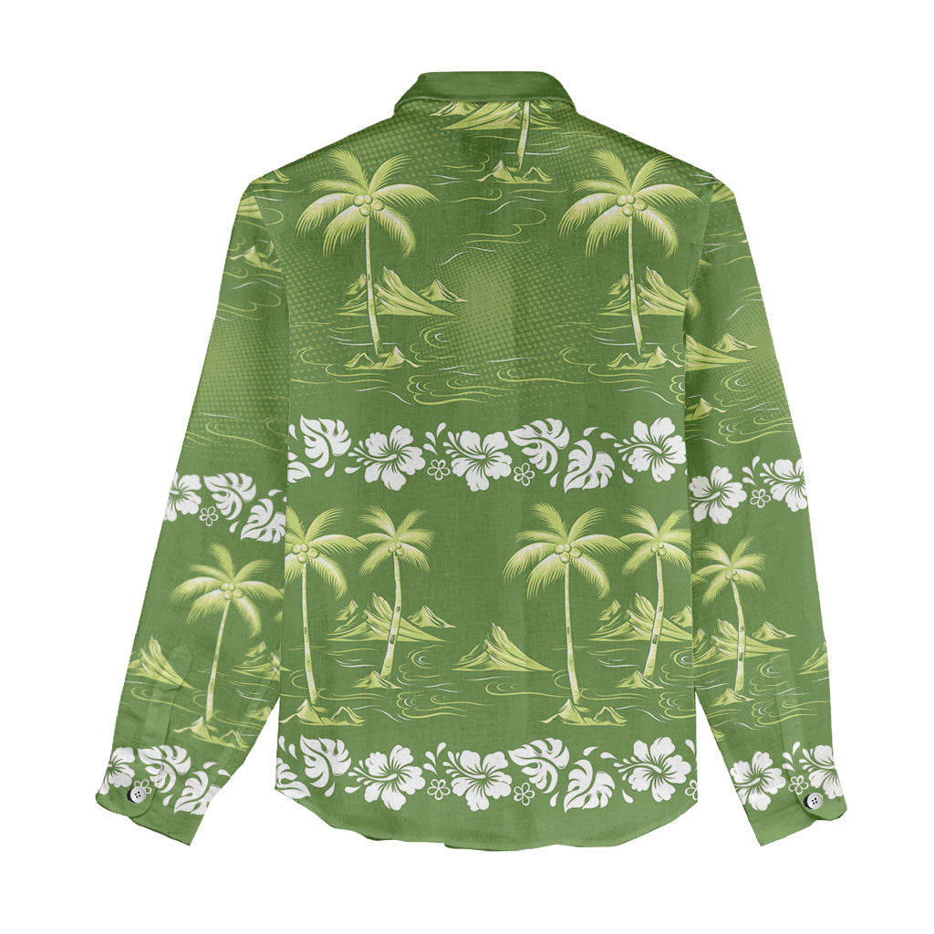 Olive Green Hawaii Palm Tree Hibiscus Women Casual Shirt Fantasy Summer Vibe