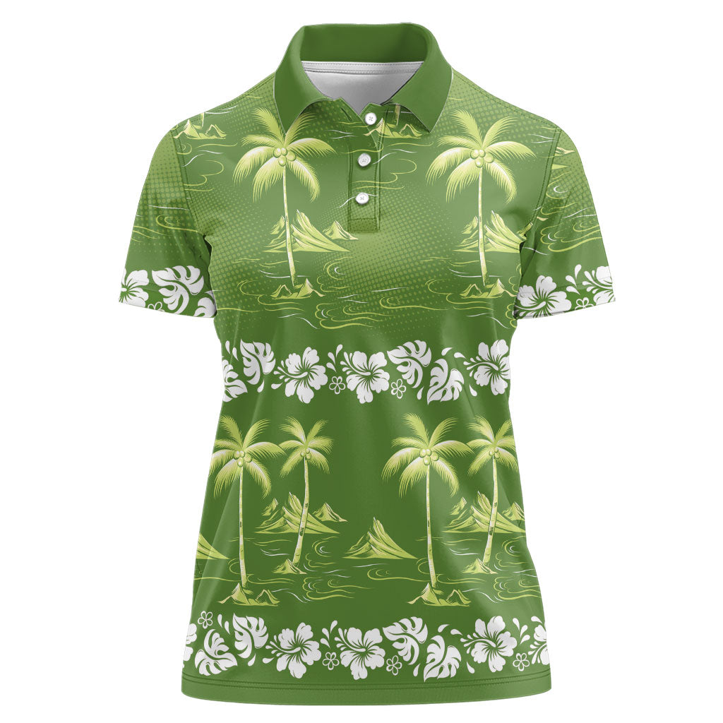 Olive Green Hawaii Palm Tree Hibiscus Women Polo Shirt Fantasy Summer Vibe