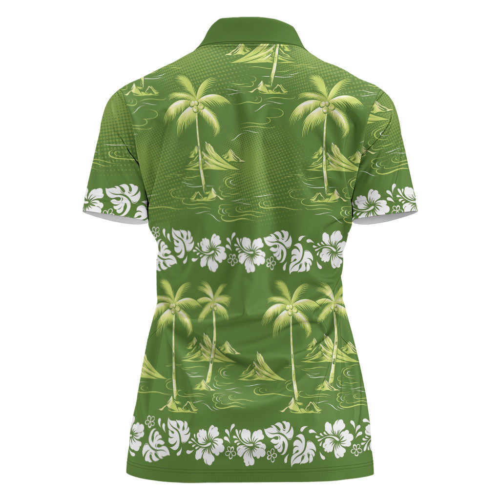 Olive Green Hawaii Palm Tree Hibiscus Women Polo Shirt Fantasy Summer Vibe