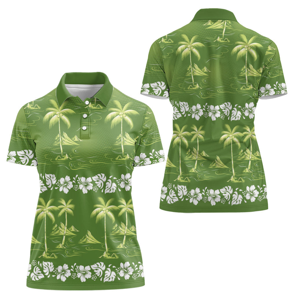 Olive Green Hawaii Palm Tree Hibiscus Women Polo Shirt Fantasy Summer Vibe