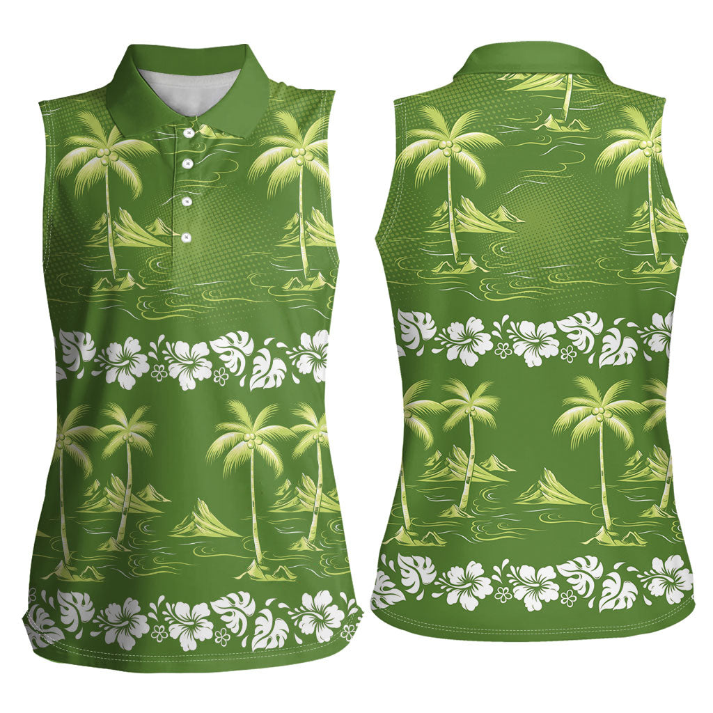 Olive Green Hawaii Palm Tree Hibiscus Women Sleeveless Polo Shirt Fantasy Summer Vibe