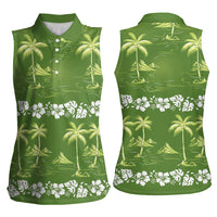 Olive Green Hawaii Palm Tree Hibiscus Women Sleeveless Polo Shirt Fantasy Summer Vibe