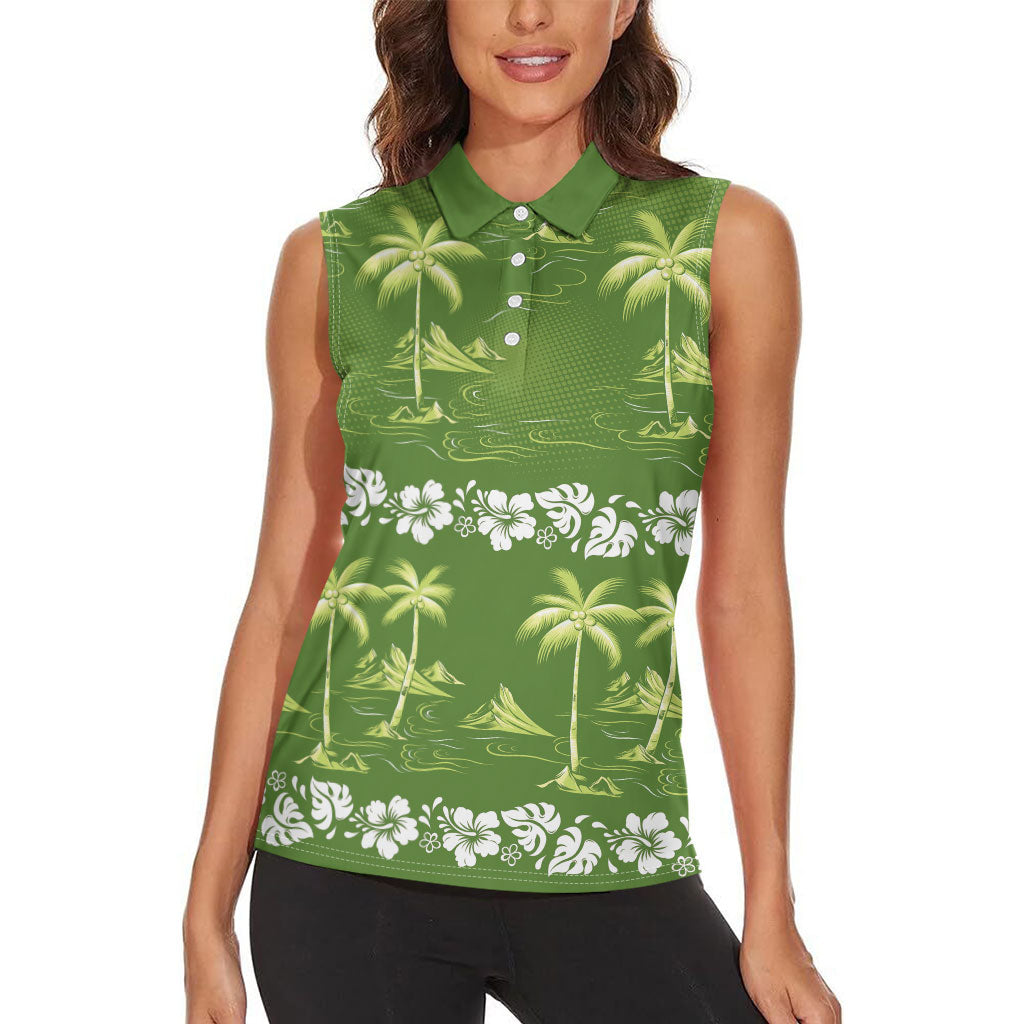 Olive Green Hawaii Palm Tree Hibiscus Women Sleeveless Polo Shirt Fantasy Summer Vibe