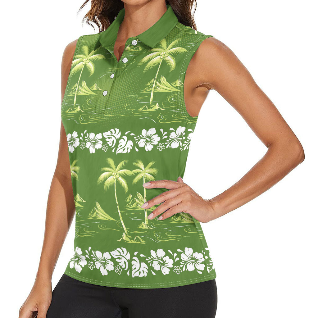 Olive Green Hawaii Palm Tree Hibiscus Women Sleeveless Polo Shirt Fantasy Summer Vibe