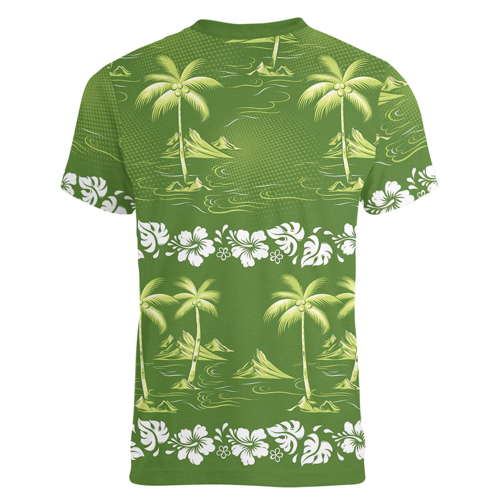Olive Green Hawaii Palm Tree Hibiscus Women V-Neck T-Shirt Fantasy Summer Vibe