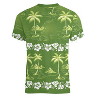 Olive Green Hawaii Palm Tree Hibiscus Women V-Neck T-Shirt Fantasy Summer Vibe