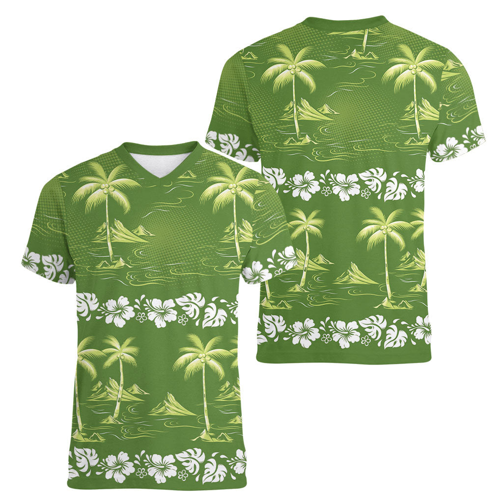 Olive Green Hawaii Palm Tree Hibiscus Women V-Neck T-Shirt Fantasy Summer Vibe