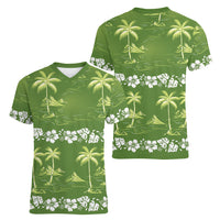 Olive Green Hawaii Palm Tree Hibiscus Women V-Neck T-Shirt Fantasy Summer Vibe