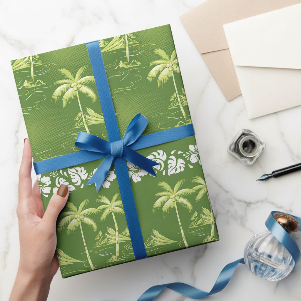 Olive Green Hawaii Palm Tree Hibiscus Wrapping Paper Fantasy Summer Vibe