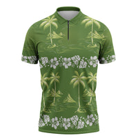 Olive Green Hawaii Palm Tree Hibiscus Zipper Polo Shirt Fantasy Summer Vibe