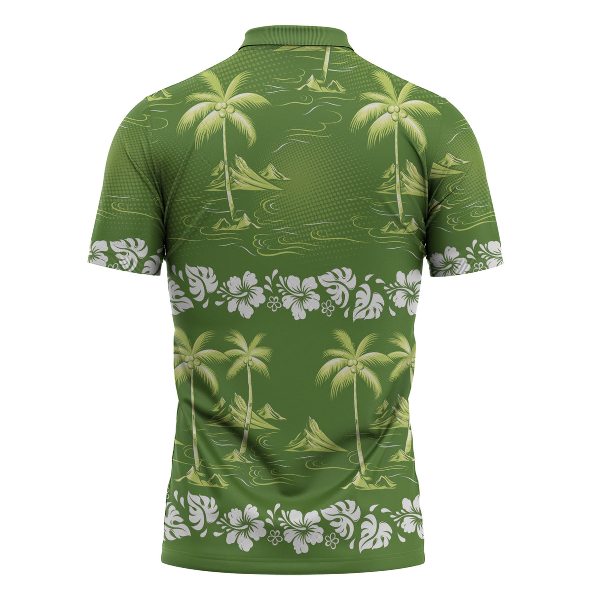 Olive Green Hawaii Palm Tree Hibiscus Zipper Polo Shirt Fantasy Summer Vibe