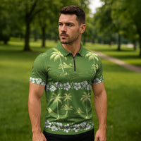 Olive Green Hawaii Palm Tree Hibiscus Zipper Polo Shirt Fantasy Summer Vibe