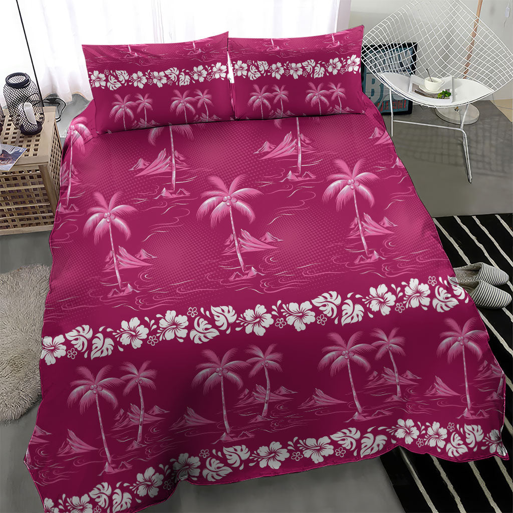 Pink Hawaii Palm Tree Hibiscus Bedding Set Fantasy Summer Vibe