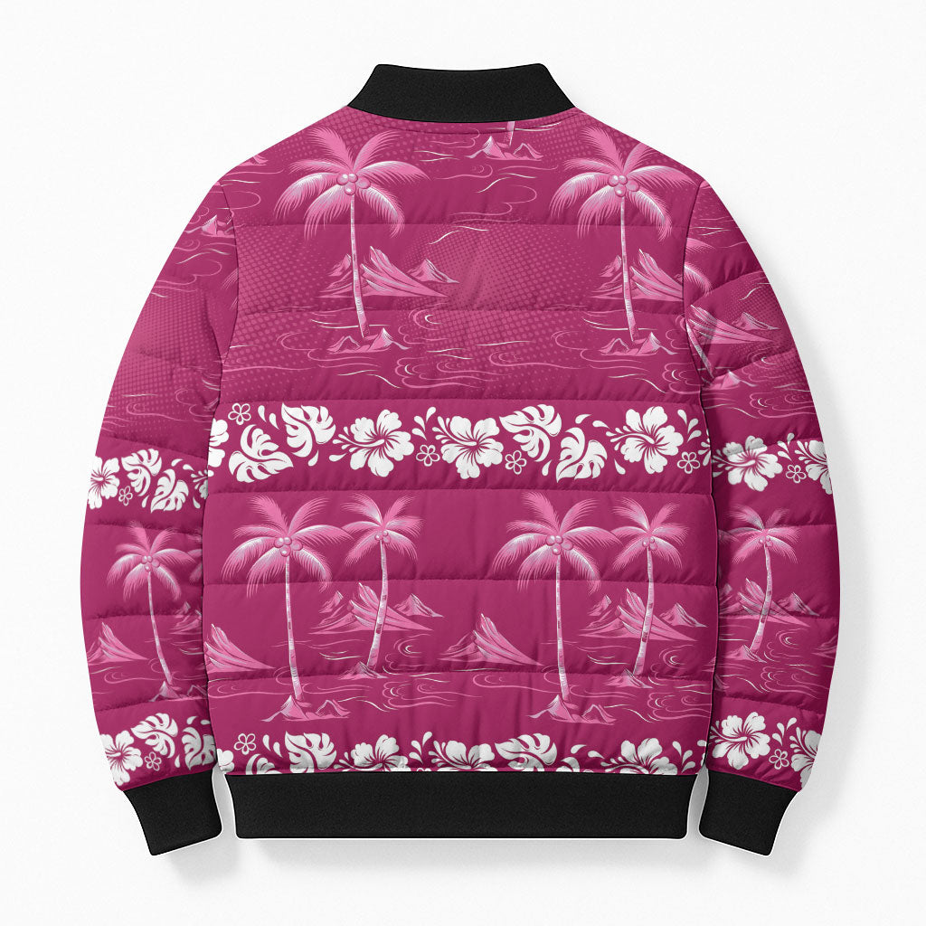 Pink Hawaii Palm Tree Hibiscus Bomber Puffer Jacket Fantasy Summer Vibe