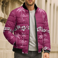 Pink Hawaii Palm Tree Hibiscus Bomber Puffer Jacket Fantasy Summer Vibe