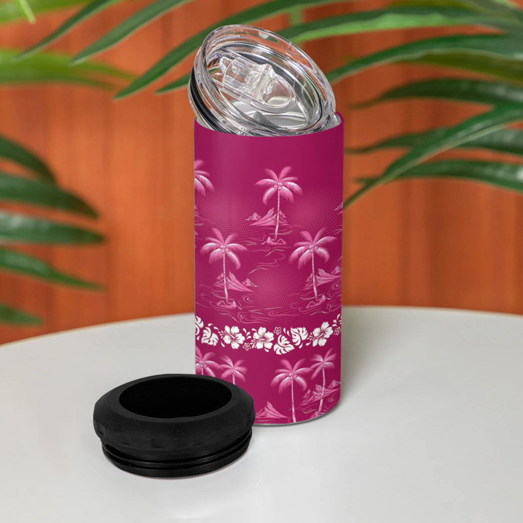 Pink Hawaii Palm Tree Hibiscus 4 in 1 Can Cooler Tumbler Fantasy Summer Vibe