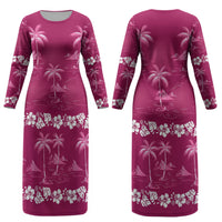 Pink Hawaii Palm Tree Hibiscus Couples Matching Long Sleeve Bodycon Dress and Hawaiian Shirt Fantasy Summer Vibe