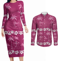 Pink Hawaii Palm Tree Hibiscus Couples Matching Long Sleeve Bodycon Dress and Long Sleeve Button Shirt Fantasy Summer Vibe