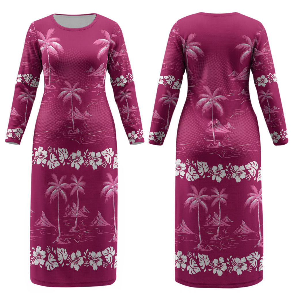 Pink Hawaii Palm Tree Hibiscus Couples Matching Long Sleeve Bodycon Dress and Long Sleeve Button Shirt Fantasy Summer Vibe