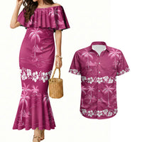 Pink Hawaii Palm Tree Hibiscus Couples Matching Mermaid Dress and Hawaiian Shirt Fantasy Summer Vibe