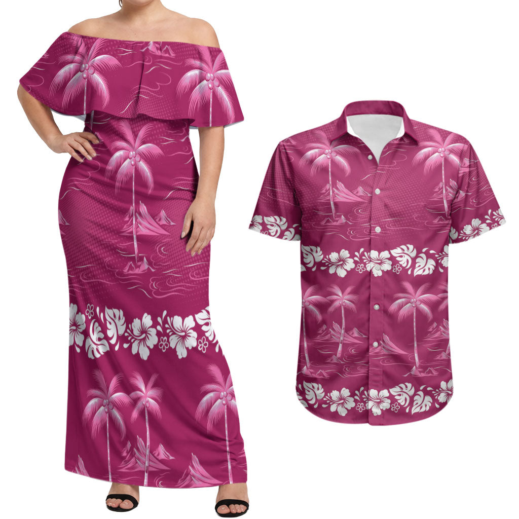 Pink Hawaii Palm Tree Hibiscus Couples Matching Off Shoulder Maxi Dress and Hawaiian Shirt Fantasy Summer Vibe