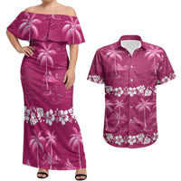 Pink Hawaii Palm Tree Hibiscus Couples Matching Off Shoulder Maxi Dress and Hawaiian Shirt Fantasy Summer Vibe