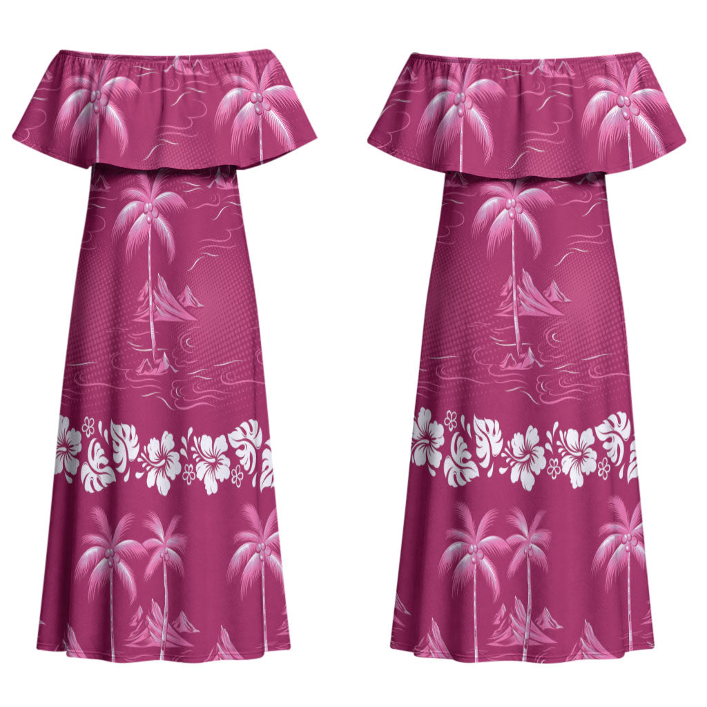 Pink Hawaii Palm Tree Hibiscus Couples Matching Off Shoulder Maxi Dress and Long Sleeve Button Shirt Fantasy Summer Vibe