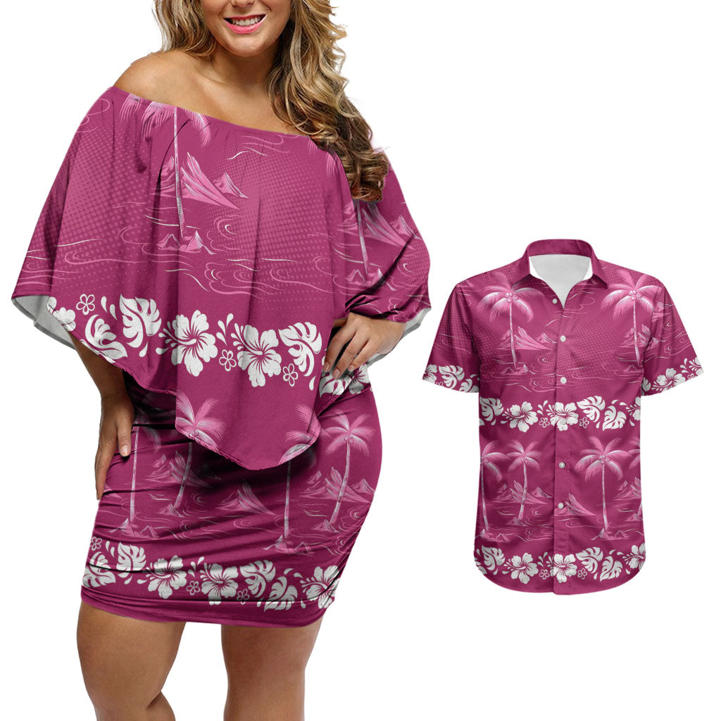 Pink Hawaii Palm Tree Hibiscus Couples Matching Off Shoulder Short Dress and Hawaiian Shirt Fantasy Summer Vibe