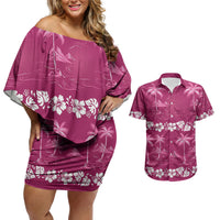 Pink Hawaii Palm Tree Hibiscus Couples Matching Off Shoulder Short Dress and Hawaiian Shirt Fantasy Summer Vibe