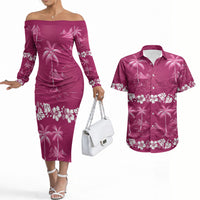 Pink Hawaii Palm Tree Hibiscus Couples Matching Off The Shoulder Long Sleeve Dress and Hawaiian Shirt Fantasy Summer Vibe