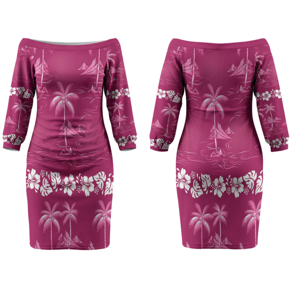 Pink Hawaii Palm Tree Hibiscus Couples Matching Off The Shoulder Long Sleeve Dress and Hawaiian Shirt Fantasy Summer Vibe