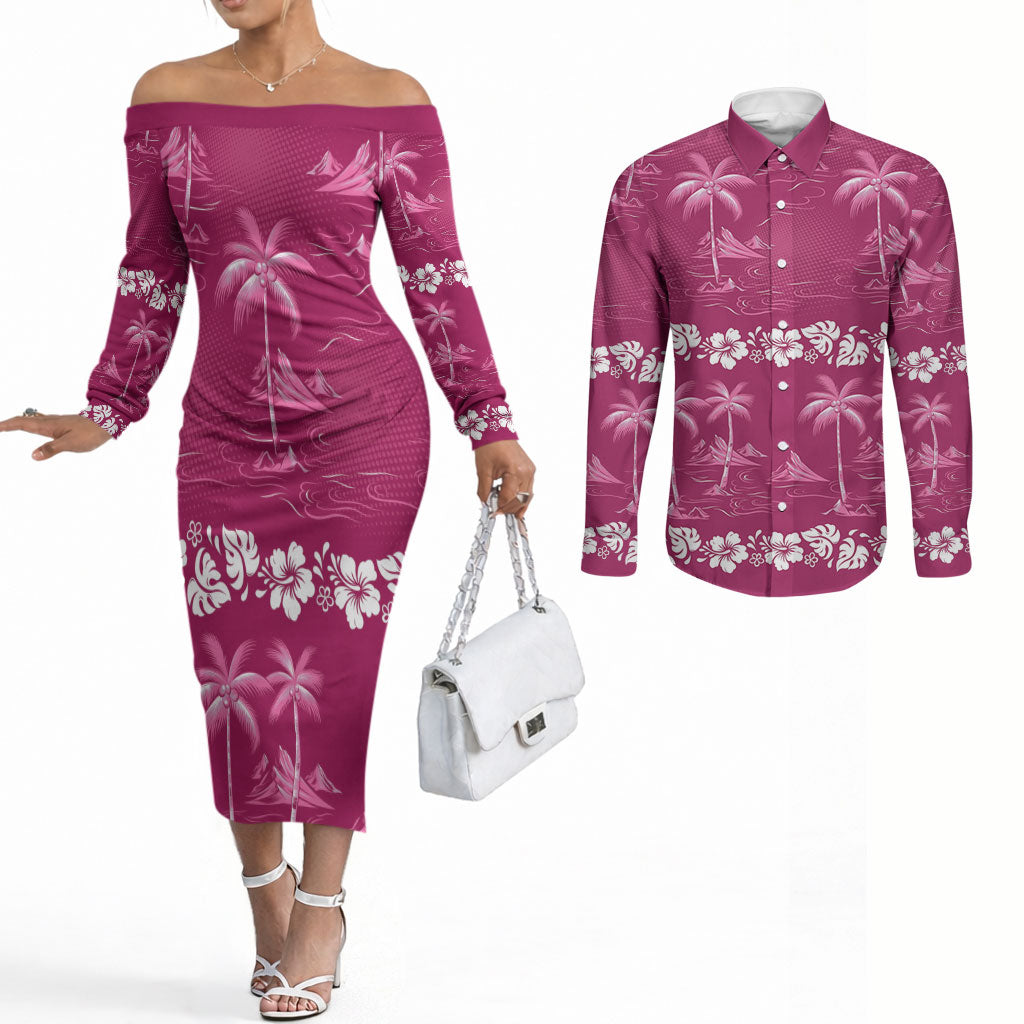 Pink Hawaii Palm Tree Hibiscus Couples Matching Off The Shoulder Long Sleeve Dress and Long Sleeve Button Shirt Fantasy Summer Vibe