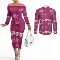 Pink Hawaii Palm Tree Hibiscus Couples Matching Off The Shoulder Long Sleeve Dress and Long Sleeve Button Shirt Fantasy Summer Vibe