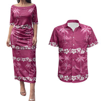 Pink Hawaii Palm Tree Hibiscus Couples Matching Puletasi and Hawaiian Shirt Fantasy Summer Vibe