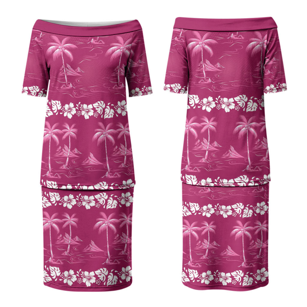 Pink Hawaii Palm Tree Hibiscus Couples Matching Puletasi and Hawaiian Shirt Fantasy Summer Vibe
