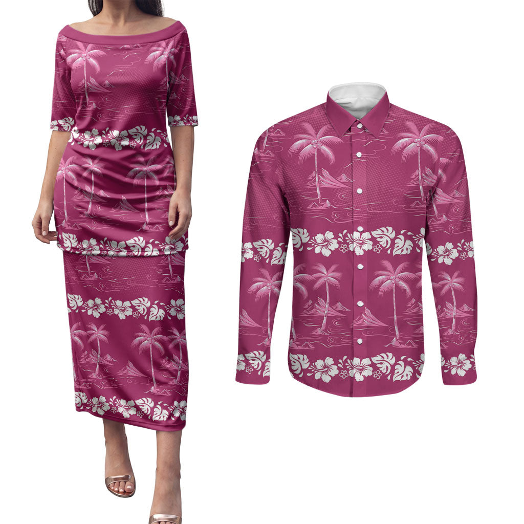 Pink Hawaii Palm Tree Hibiscus Couples Matching Puletasi and Long Sleeve Button Shirt Fantasy Summer Vibe