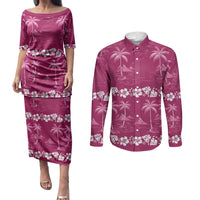 Pink Hawaii Palm Tree Hibiscus Couples Matching Puletasi and Long Sleeve Button Shirt Fantasy Summer Vibe