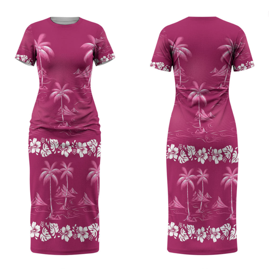 Pink Hawaii Palm Tree Hibiscus Couples Matching Short Sleeve Bodycon Dress and Hawaiian Shirt Fantasy Summer Vibe