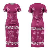 Pink Hawaii Palm Tree Hibiscus Couples Matching Short Sleeve Bodycon Dress and Hawaiian Shirt Fantasy Summer Vibe