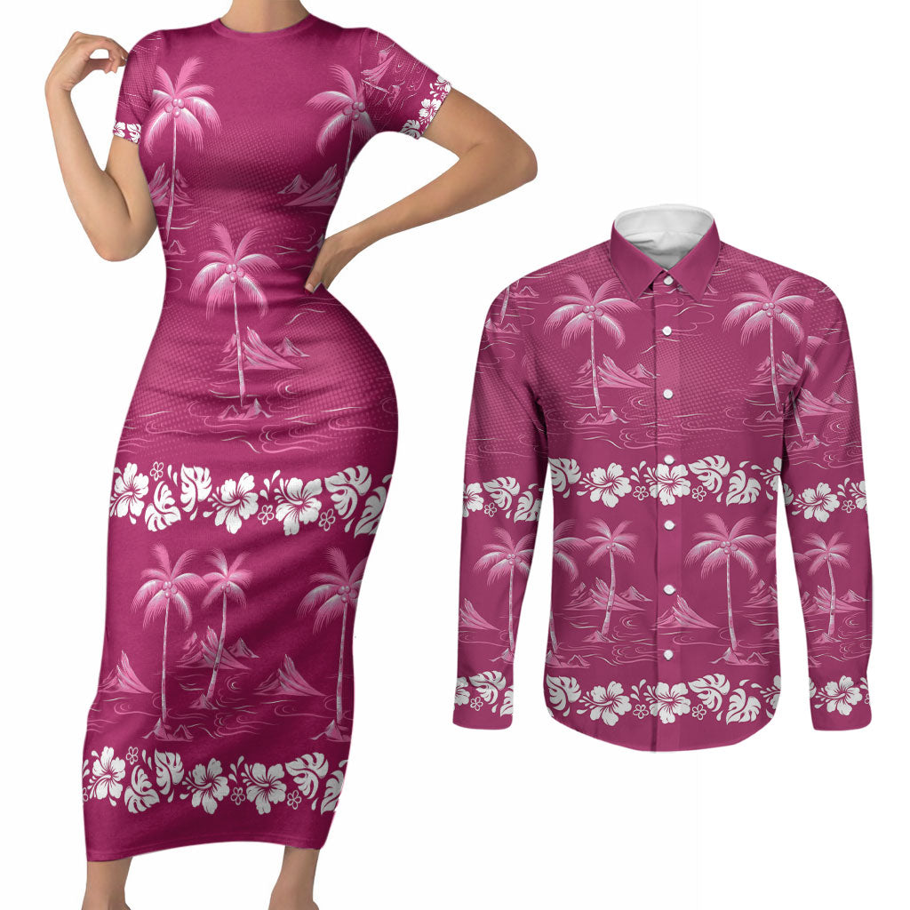 Pink Hawaii Palm Tree Hibiscus Couples Matching Short Sleeve Bodycon Dress and Long Sleeve Button Shirt Fantasy Summer Vibe