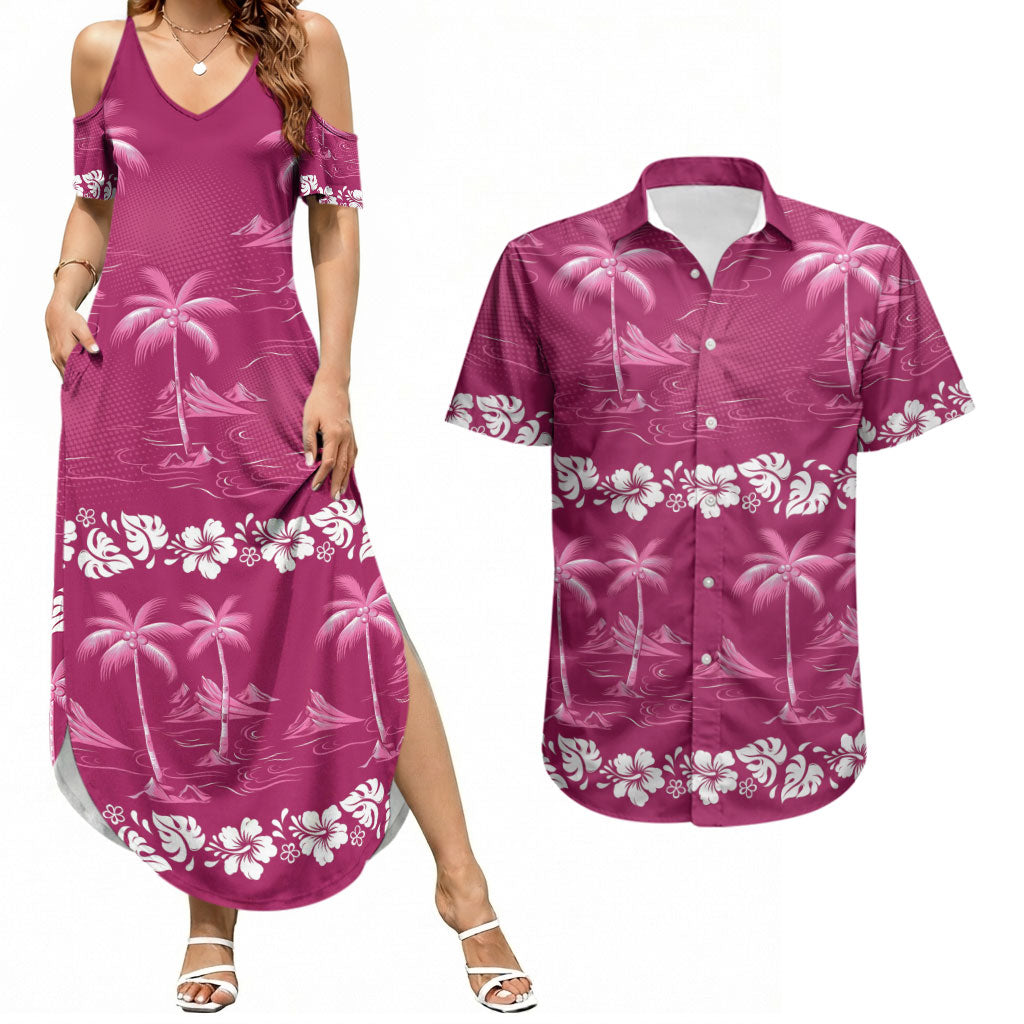 Pink Hawaii Palm Tree Hibiscus Couples Matching Summer Maxi Dress and Hawaiian Shirt Fantasy Summer Vibe